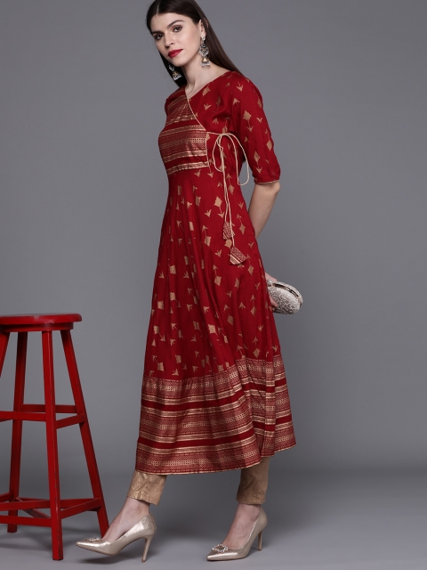 

AKS Couture Women Maroon & Golden Screen Print Angrakha Anarkali Kurta