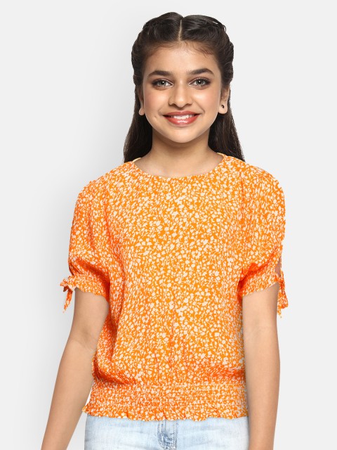 

Lee Cooper Girls Orange & Off-White Floral Printed Round Neck Blouson Top