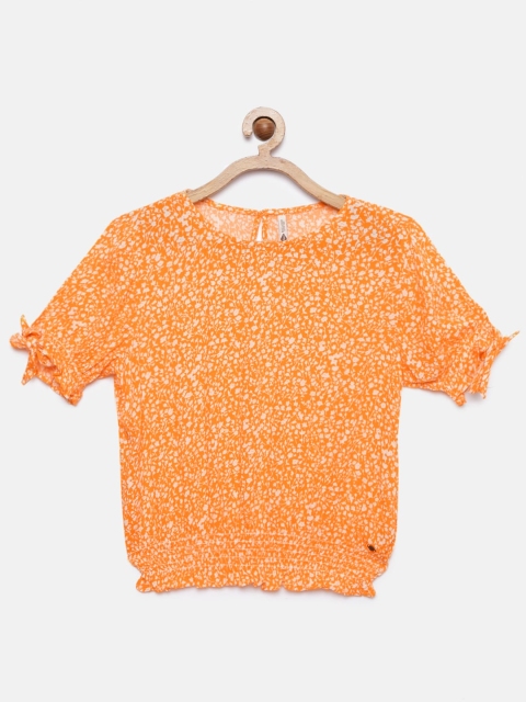 

Lee Cooper Girls Orange & Off-White Floral Printed Round Neck Blouson Top