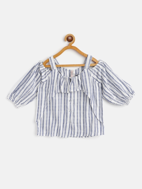 

Lee Cooper Girls White & Blue Striped Puff Sleeve Regular Top