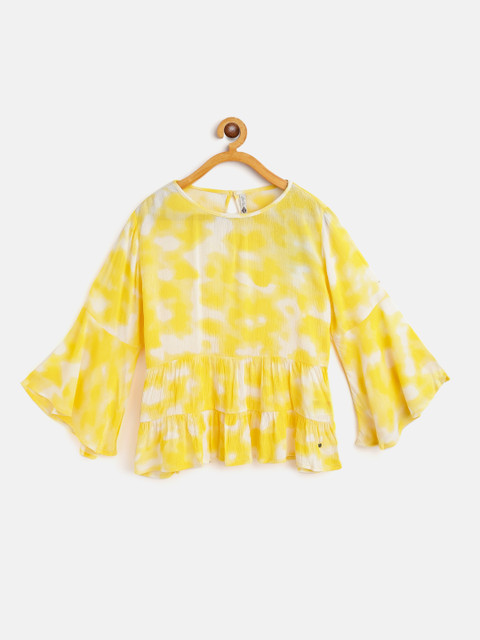 

Lee Cooper Yellow & White Tie and Dye Bell Sleeves Regular Top with Gathers
