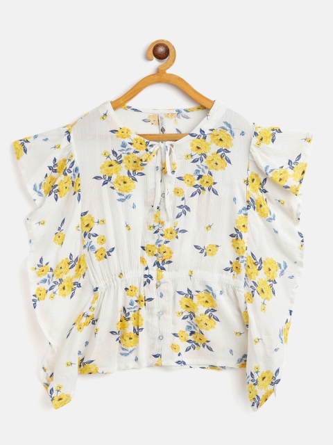 

Lee Cooper White & Yellow Floral Tie-Up Neck Cinched Waist Top
