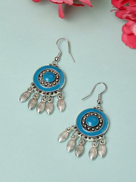 

Rubans Silver-Toned & Blue Oxidised Enamelled Classic Drop Earrings