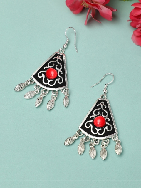 

Rubans Silver-Toned & Red Classic Drop Earrings