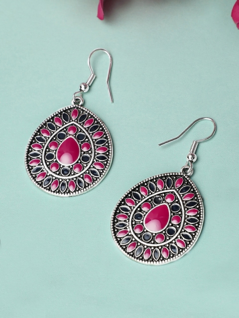 

Rubans Silver-Toned & Pink Teardrop Shaped Drop Earrings
