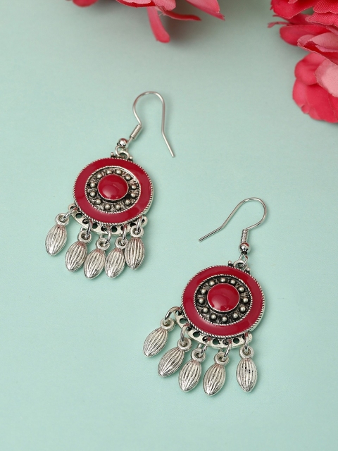 

Rubans Silver-Toned & Red Classic Oxidised Drop Earrings