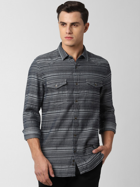 

Peter England Men Navy Blue & Grey Slim Fit Self Design Casual Shirt