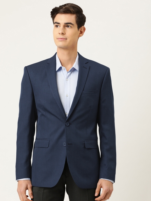 

Peter England Men Navy Blue Self-Checked Neo Slim Fit Single-Breasted Formal Blazer