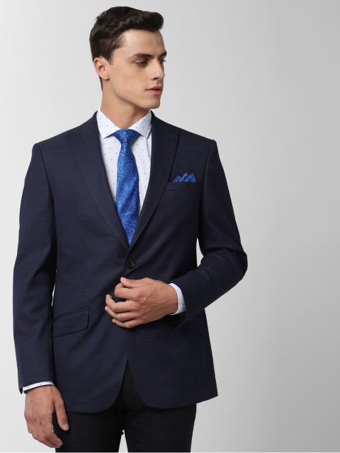 

Peter England Men Navy Blue Checked Tailored Fit Single-Breasted Formal Blazer