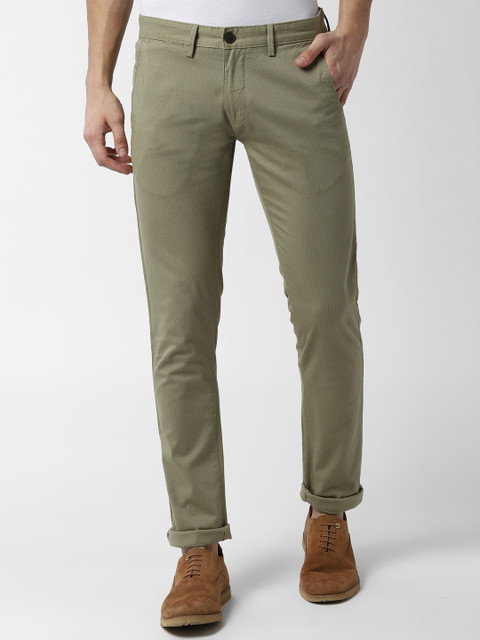

Peter England Men Olive Green Skinny Fit Printed Regular Trousers