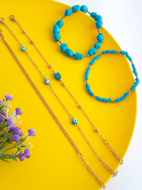 

Golden Peacock Set of 5 Gold-TonedTurquoise Blue Rice Beads Chain Eye Anklet, Turquoise blue