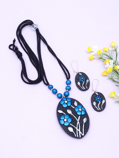

Golden Peacock Black & Blue Terracotta Handcrafted Jewellery Set