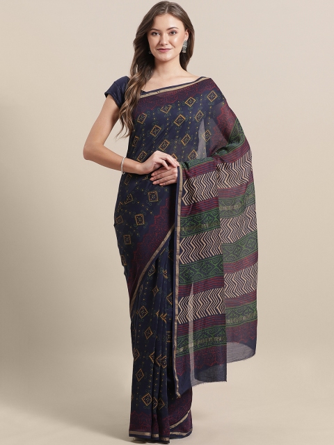 

Nakshi Navy Blue & Mustard Yellow Printed Chanderi Saree