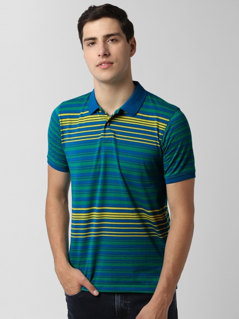 

Peter England Men Teal Blue & Green Striped Polo Collar T-shirt