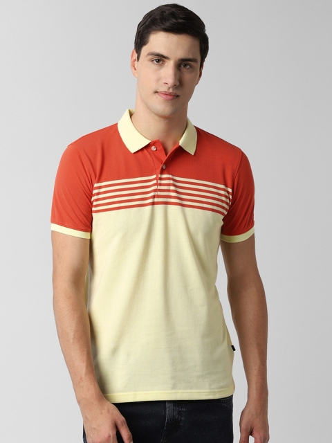 

Peter England Men Yellow & Orange Striped Polo Collar T-shirt