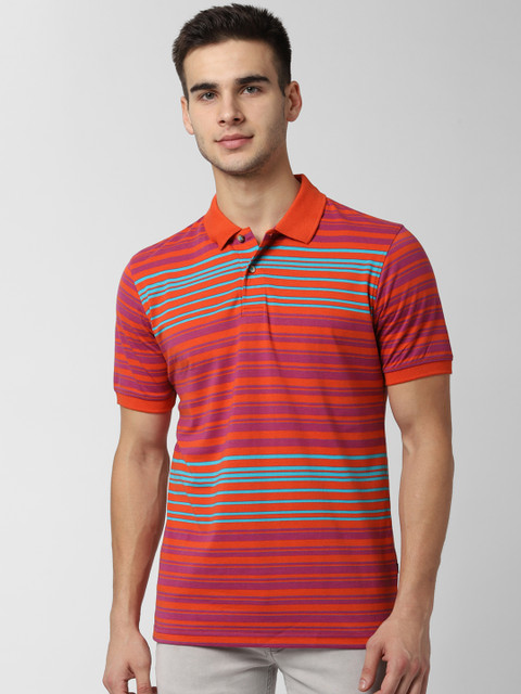 

Peter England Men Orange & Pink Striped Polo Collar T-shirt
