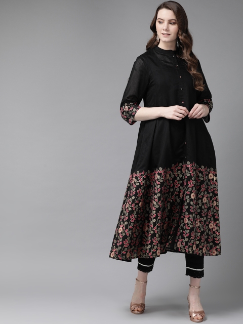 

Juniper Women Black & Golden Foil Print Layered Anarkali Kurta