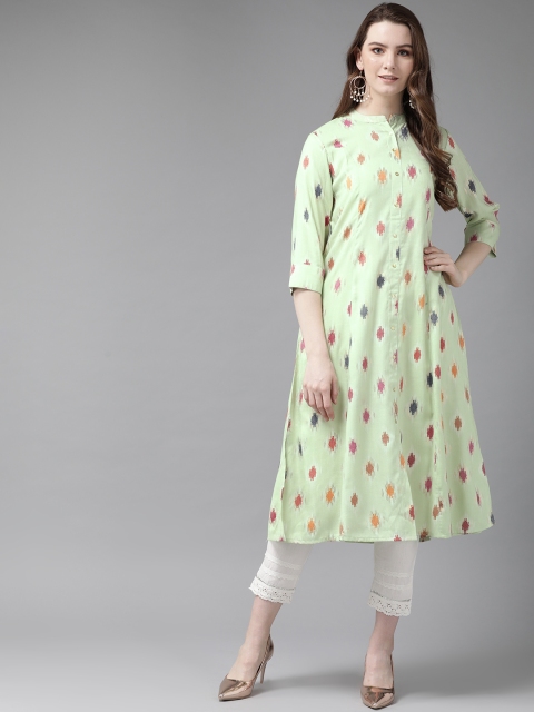 

Juniper Women Green & Pink Foil Print A-Line Kurta