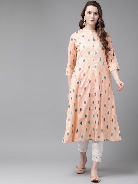 

Juniper Women Peach-Coloured & Pink Printed A-Line Kurta