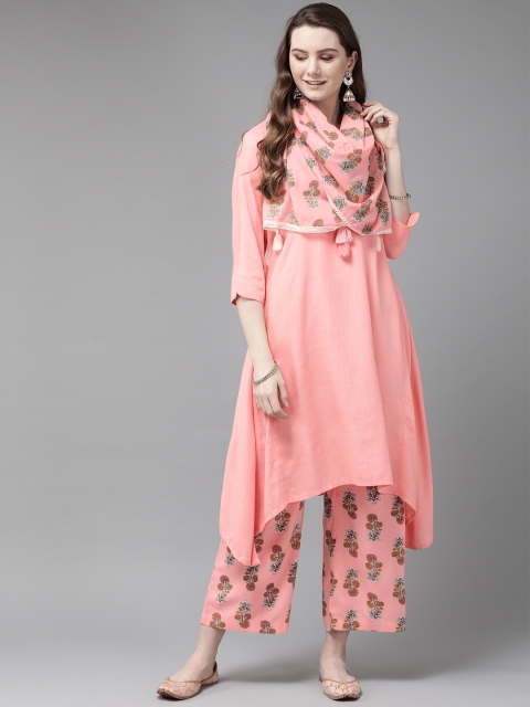 

Juniper Women Pink & Green Solid Kurta with Palazzos & Scarf