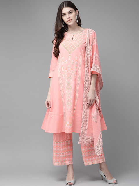 

Juniper Women Pink & White Khari Print Kurta with Palazzos & Dupatta