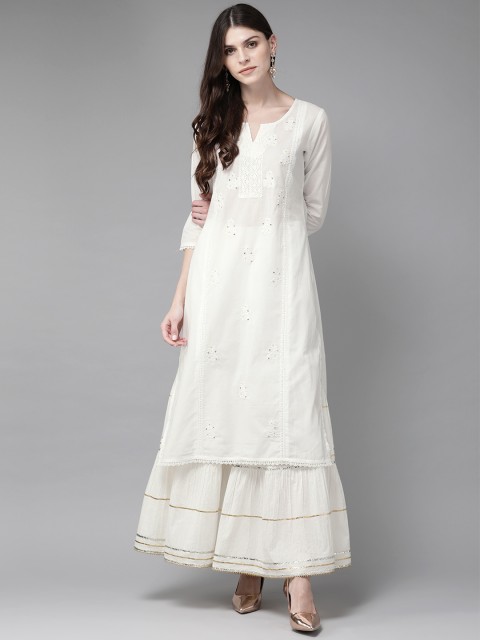

Juniper Women White Embroidered Kurta with Sharara