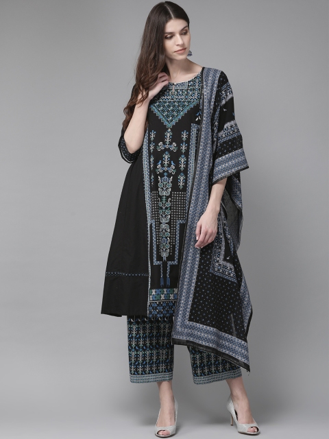 

Juniper Women Black & Blue Khari Print Kurta With Palazzos & Dupatta