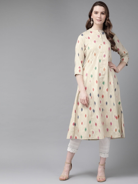 

Juniper Women Beige & Pink Printed A-Line Kurta
