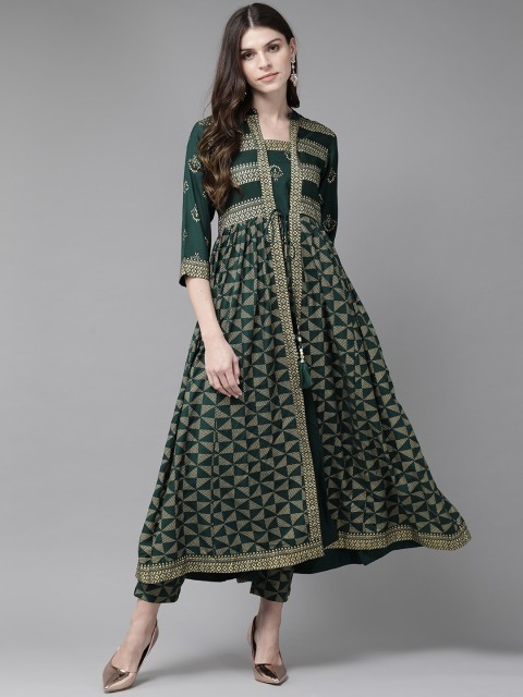 

Juniper Women Green & Golden Foil Print Kurta with Trousers