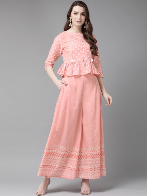 

Juniper Women Pink & White Peplum Printed Top with Palazzos