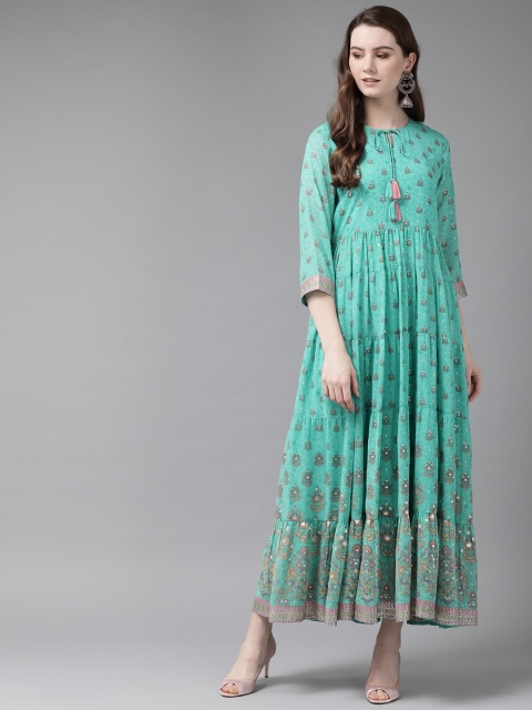 

Juniper Women Green & Silver Tiered Printed Maxi Dress
