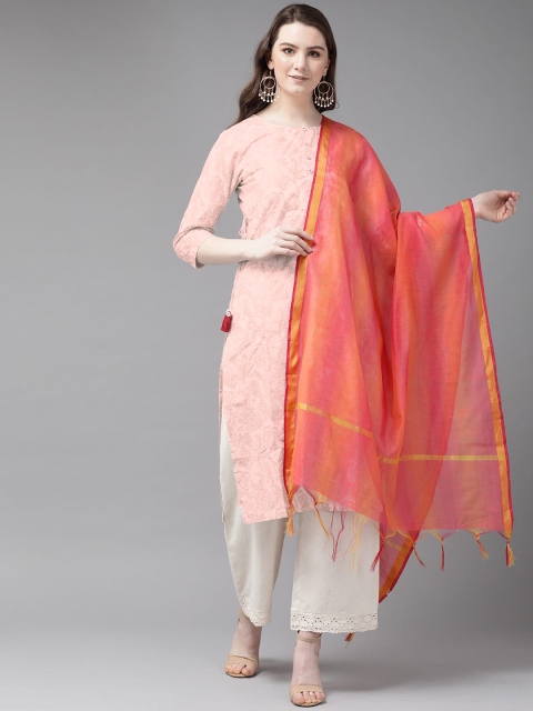 

Juniper Coral Pink & Mustard Yellow Self Striped Dupatta