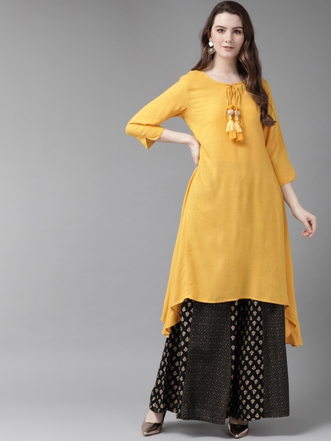 

Juniper Women Yellow Solid Asymmetrical Hem A-Line Kurta