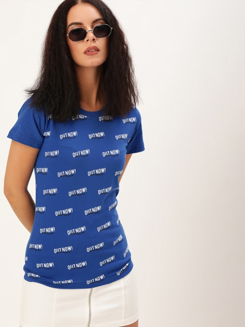 

U&F Women Navy Blue Printed Round Neck T-shirt