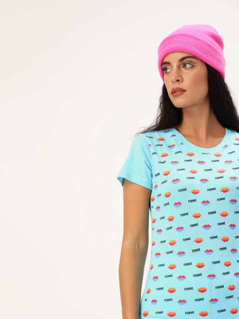 

U&F Women Turquoise Blue Printed Round Neck T-shirt