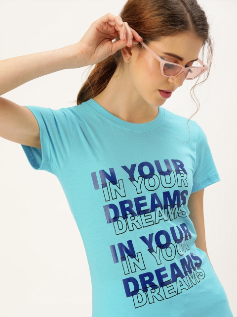

U&F Women Turquoise Blue Printed Round Neck T-shirt