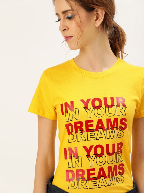 

U&F Women Yellow Printed Round Neck T-shirt