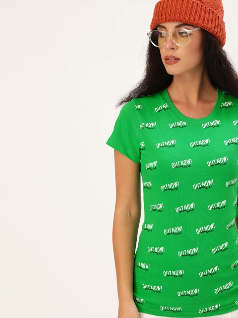 

U&F Women Green Printed Round Neck T-shirt