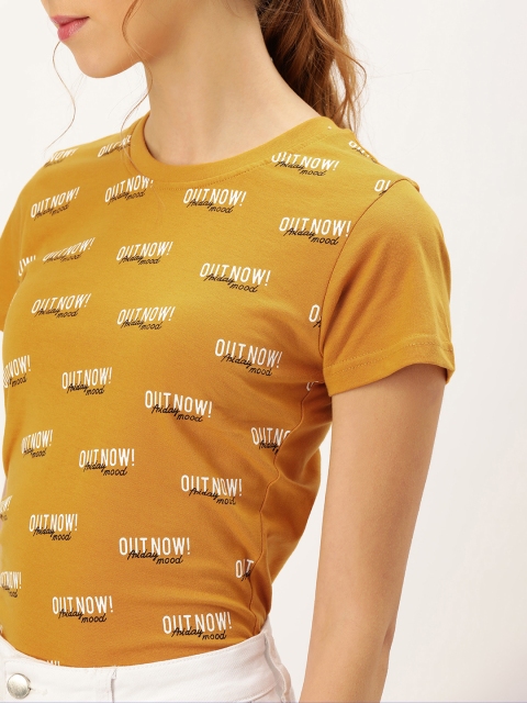 

U&F Women Mustard Yellow Printed Round Neck T-shirt