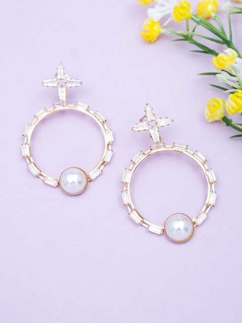 

Golden Peacock Gold-Toned & Off-White CZ-Studded Contemporary Drop Earrings