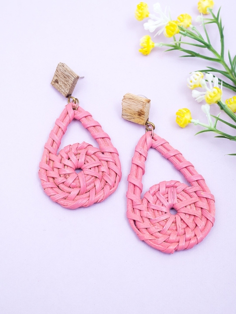

Golden Peacock Pink Teardrop Shaped Drop Earrings