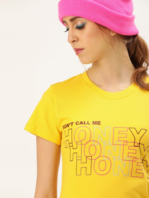 

U&F Women Yellow Printed Round Neck T-shirt