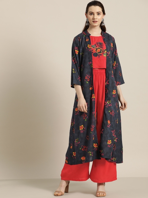 

Kurti's by Menka Women Red & Navy Blue Solid Top with Palazzos & Ethnic Jacket