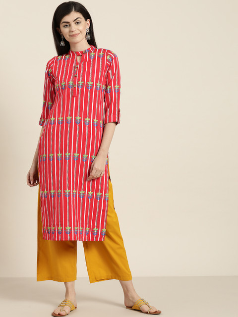 

Kurti's by Menka Women Red & Pink Printed Straight Kurta