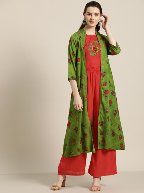 

Kurti's by Menka Women Red & Green Solid Top with Palazzos & Ethnic Jacket