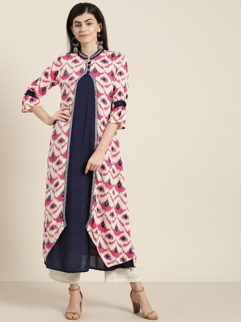 

Kurti's by Menka Women Off-White & Navy Blue Printed Layered A-Line Kurta