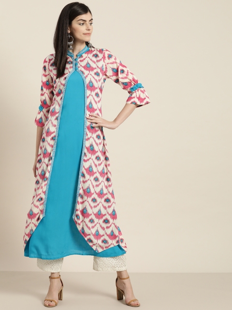 

Kurti's by Menka Women Off-White & Blue Printed Layered A-Line Kurta