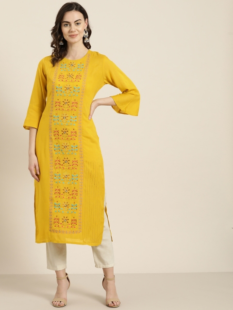 

Kurti's by Menka Women Mustard Yellow & Pink Embroidered Straight Kurta