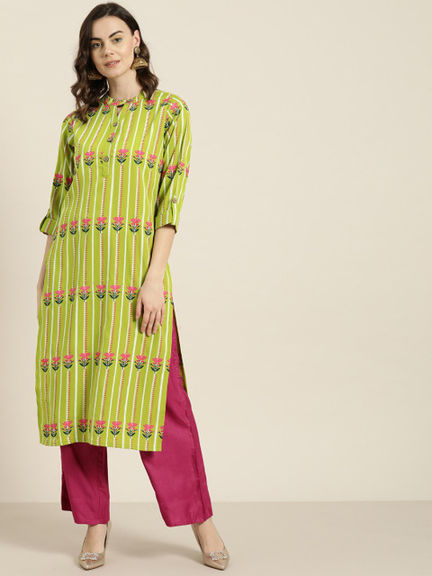 

Kurti's by Menka Women Green & Pink Printed Straight Kurta
