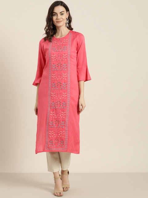 

Kurti's by Menka Women Pink & Blue Embroidered Straight Kurta